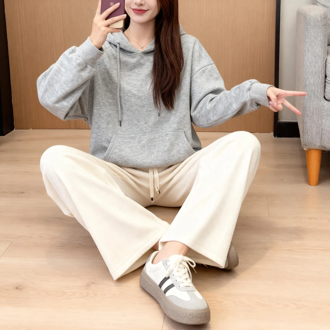 冬季秋冬高腰直筒裤阔腿裤休闲裤显瘦针织直筒秋季加绒阔腿裤