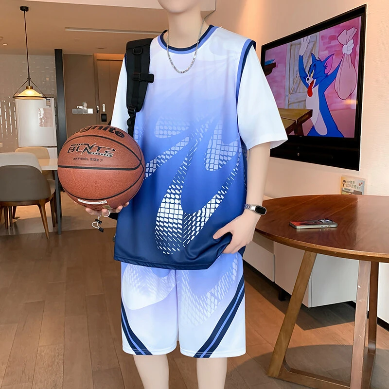 夏季凉感速干新款男生休闲运动套装青少年学生篮球潮流圆领两件套