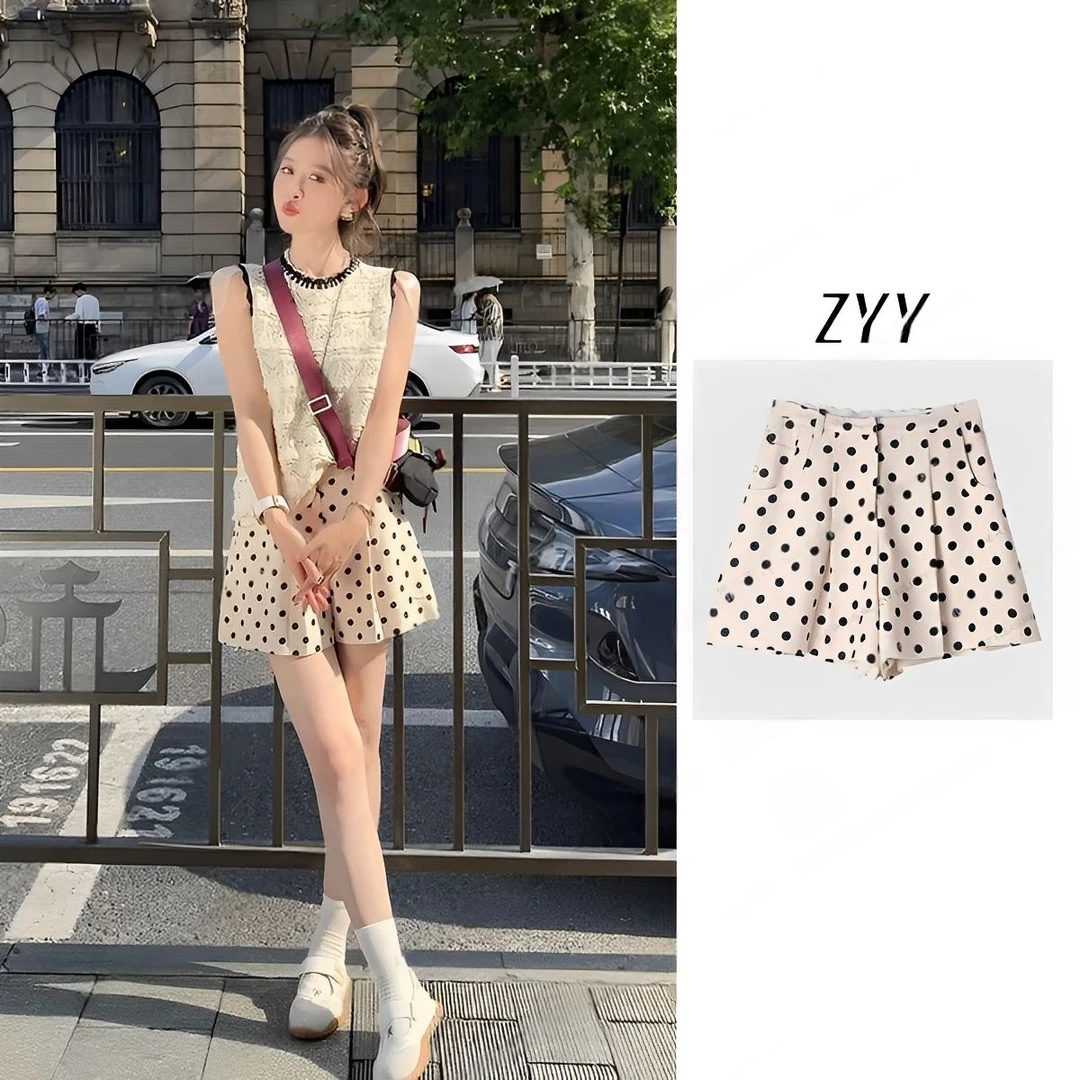 ZYY【花意阑珊】2025/S新品高腰波点印染阔腿薄款短裤女X25XDK01494