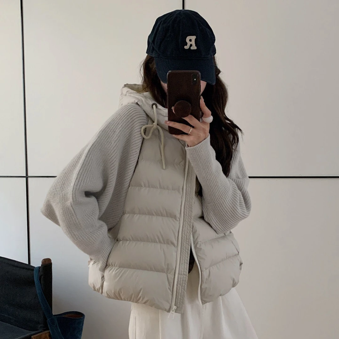 轻薄针织毛衣袖拼接棉服女大衣假两件2025秋冬装新款外套棉衣衣服