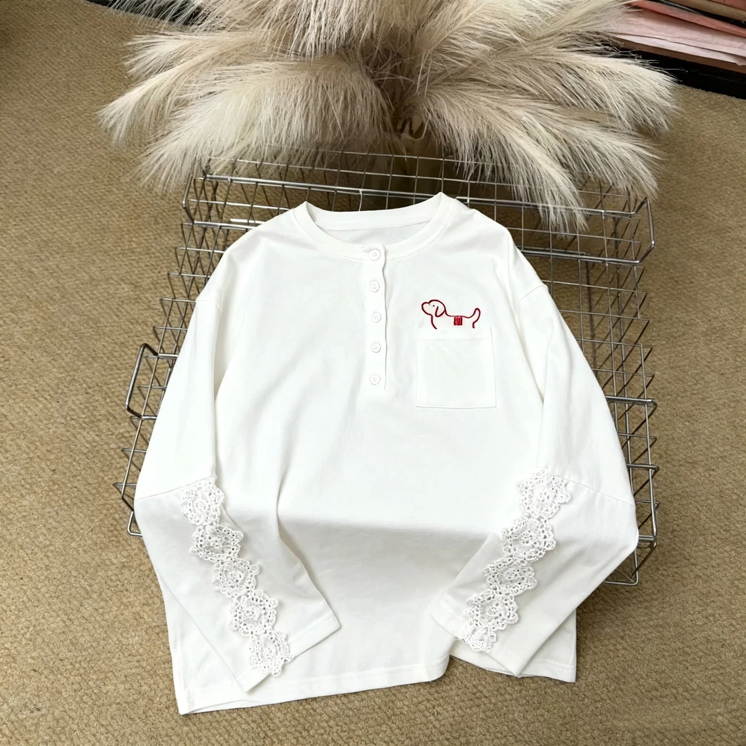 日系清新趣味可爱小狗印花圆领长袖t恤女秋季新款宽松休闲风上衣