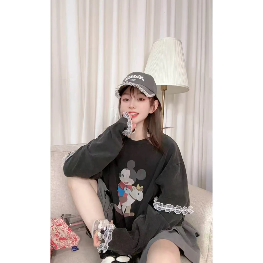 韩版卡通拼接蕾丝宽松百搭长袖T恤打底
