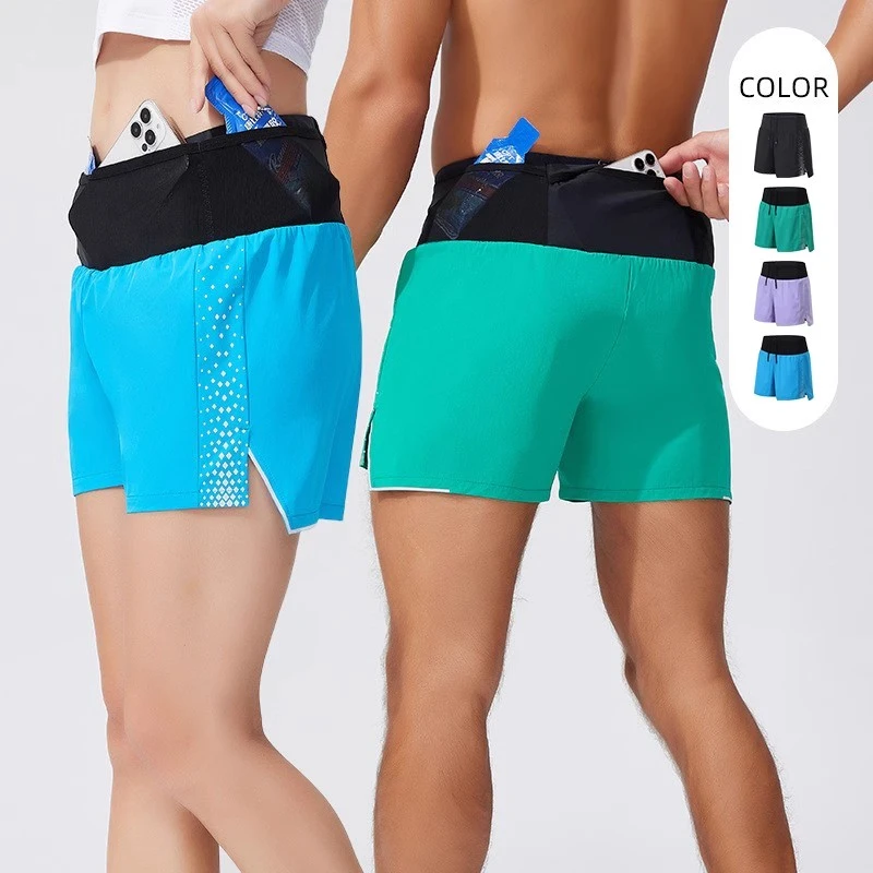 情侣款马拉松越野跑步速干短裤双层环腰拉链口袋防走光三分运动裤