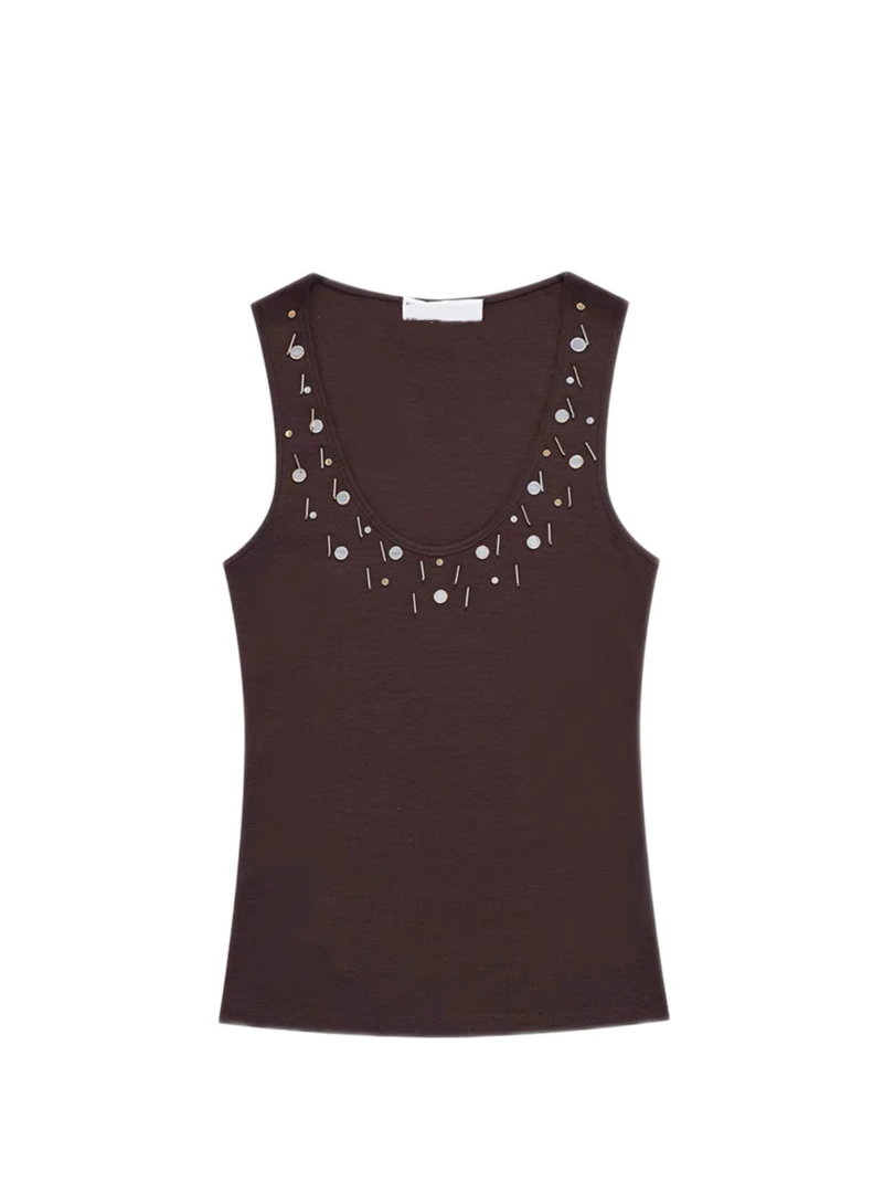 BYÏNG STUDIO 25ss春夏柔软高弹镜面金属装饰钉珠背心上衣