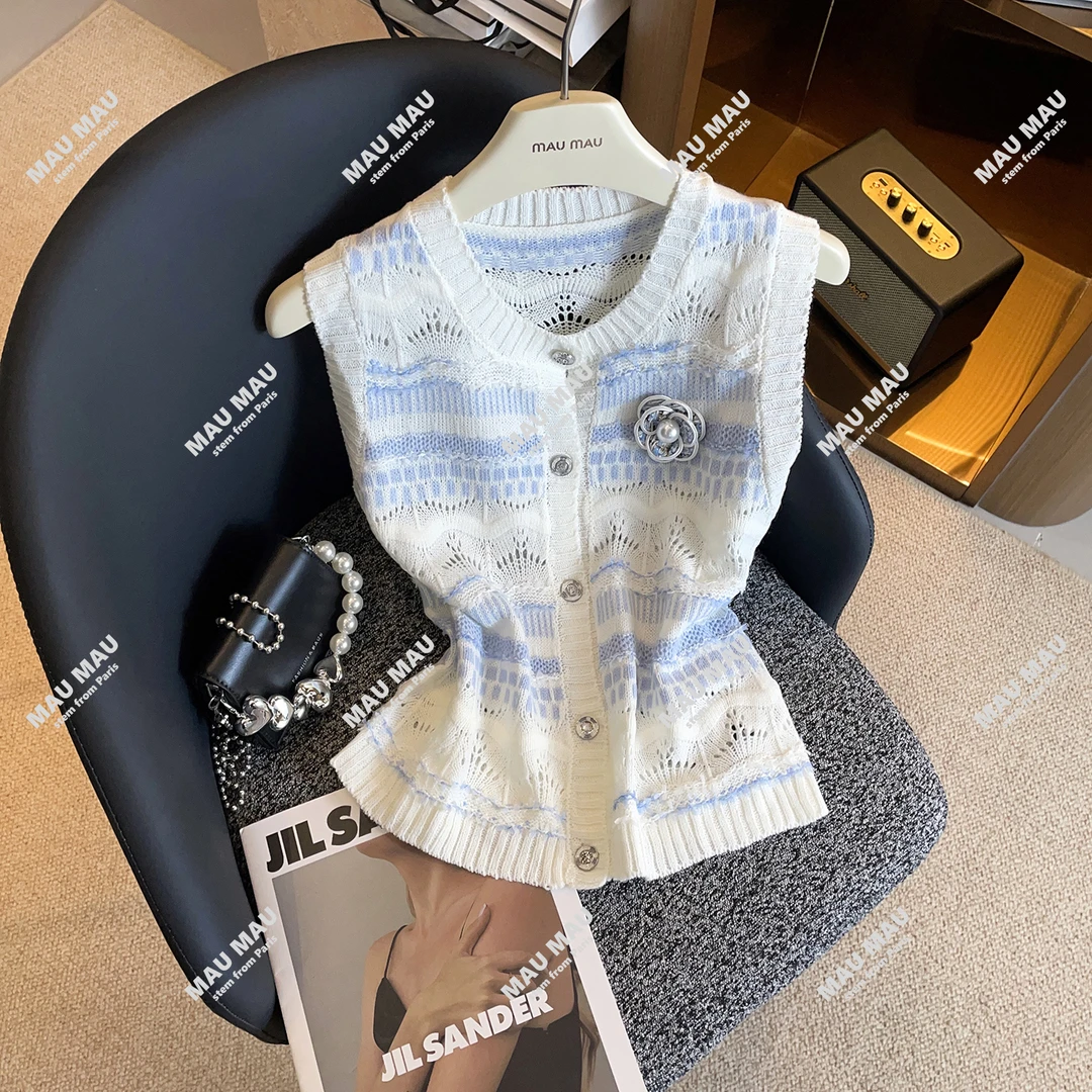 2025新款时尚百搭圆领无袖条纹拼接针织背心 DY8177