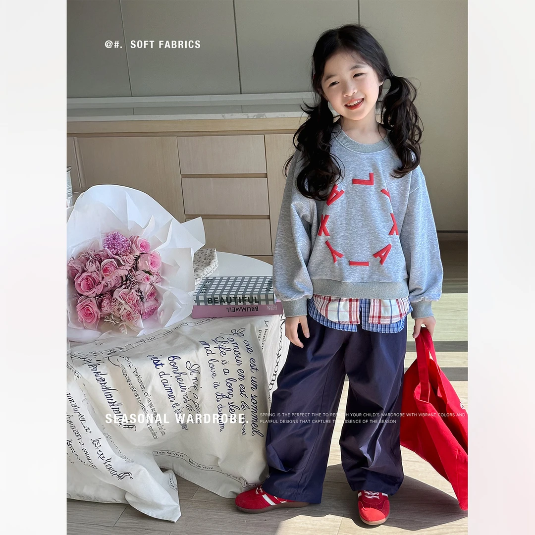 【结构】蓝小爸童装女童假两件卫衣春季新款儿童宽松慵懒上衣