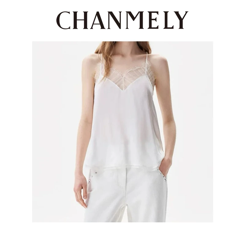【CHANMITY】素缎织梦法式浪漫白缎温柔蕾丝吊带背心 025515