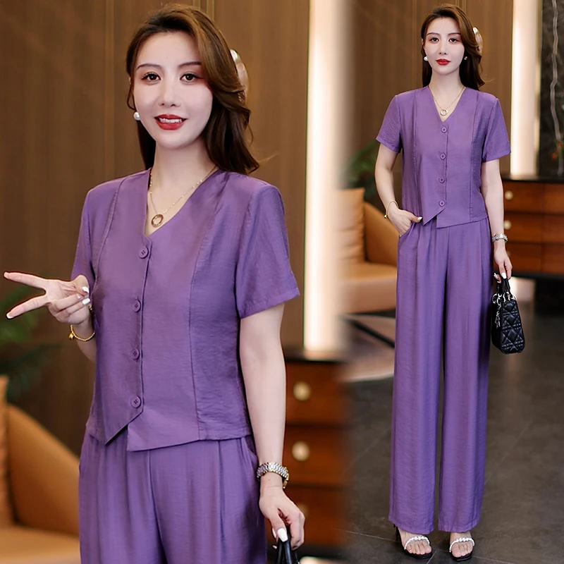 时尚西装套装女2025夏新款洋气减龄气质百搭短袖上衣直筒裤两件套
