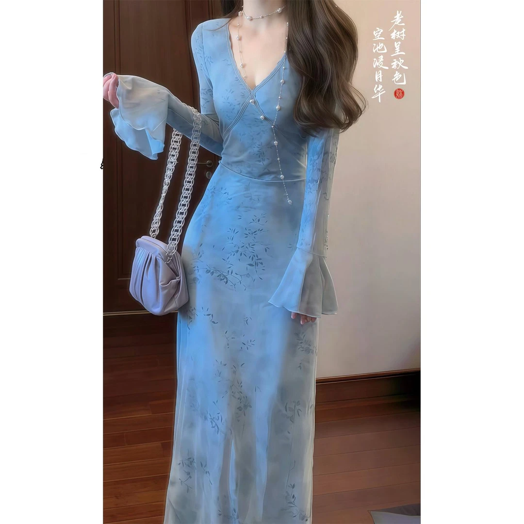 【现货秒发】4344蓝色V领收腰连衣裙大码气质独特漂亮中长款裙子