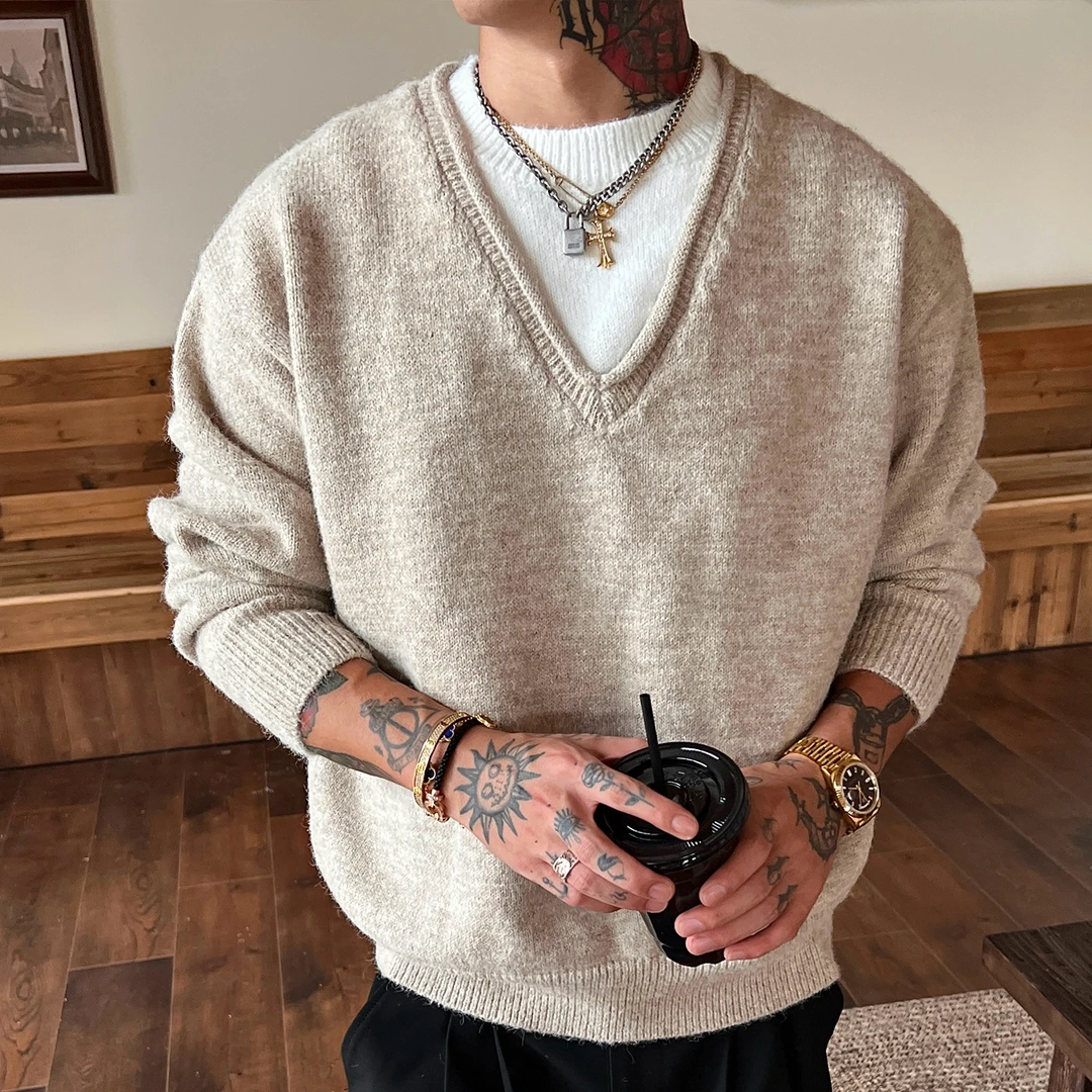 OXFREAK「老钱风 深v领」羊毛混纺假两件毛衣男秋冬慵懒感针织衫