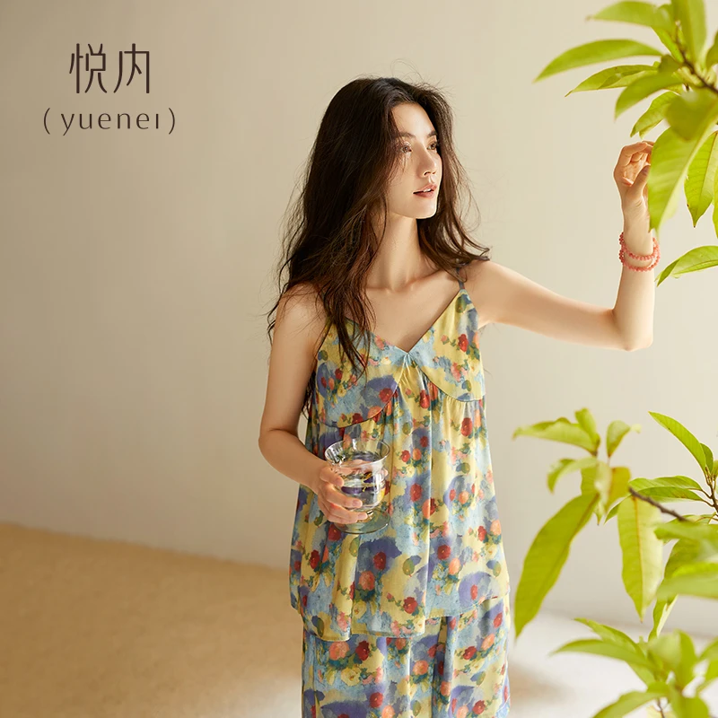 悦内带胸垫睡衣女款夏季夏天冰丝绸吊带背心短裤家居服油画风套装