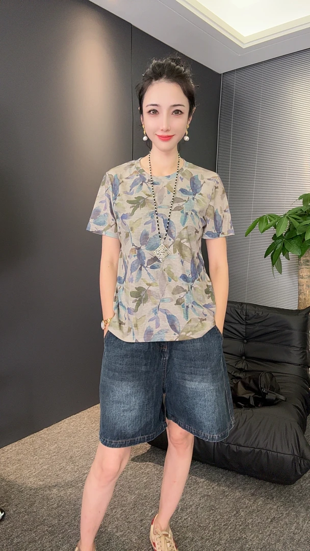 夏季新款清新复古时尚百搭休闲宽松显瘦高贵上档次短袖女B6177