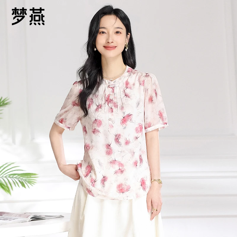 梦燕夏季女款时尚百搭气质新中式宽松休闲舒适盘扣小衫BA03B5501