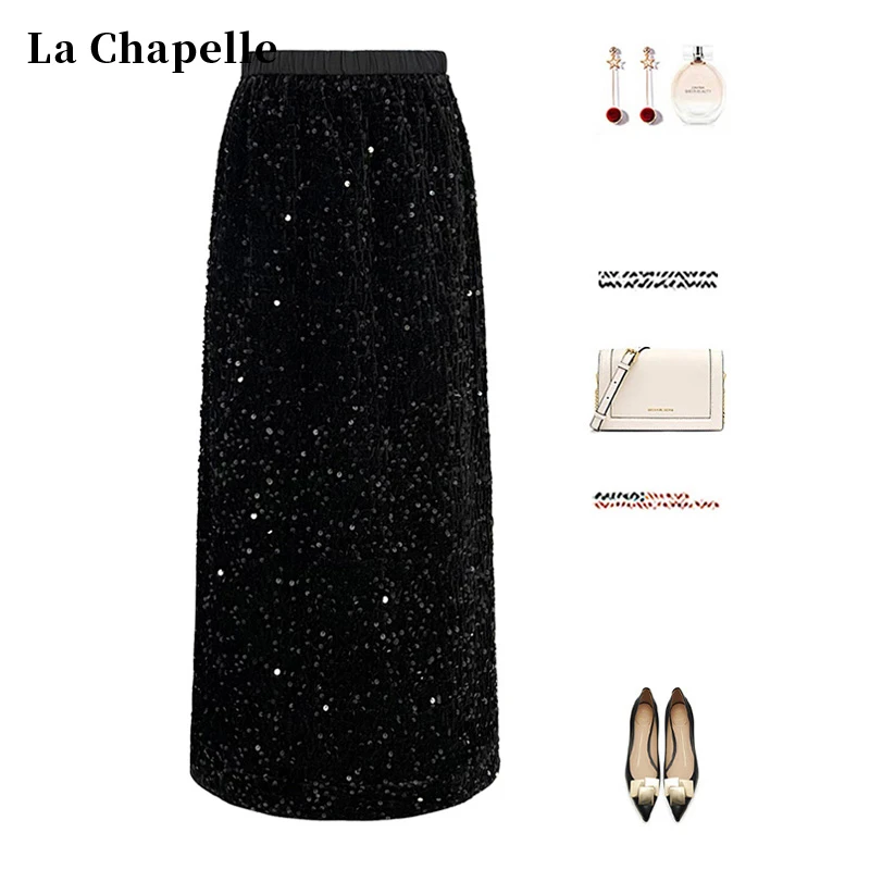 拉夏贝尔黑色闪闪亮片直筒半身裙女秋冬加绒加厚新款开叉丝绒长裙
