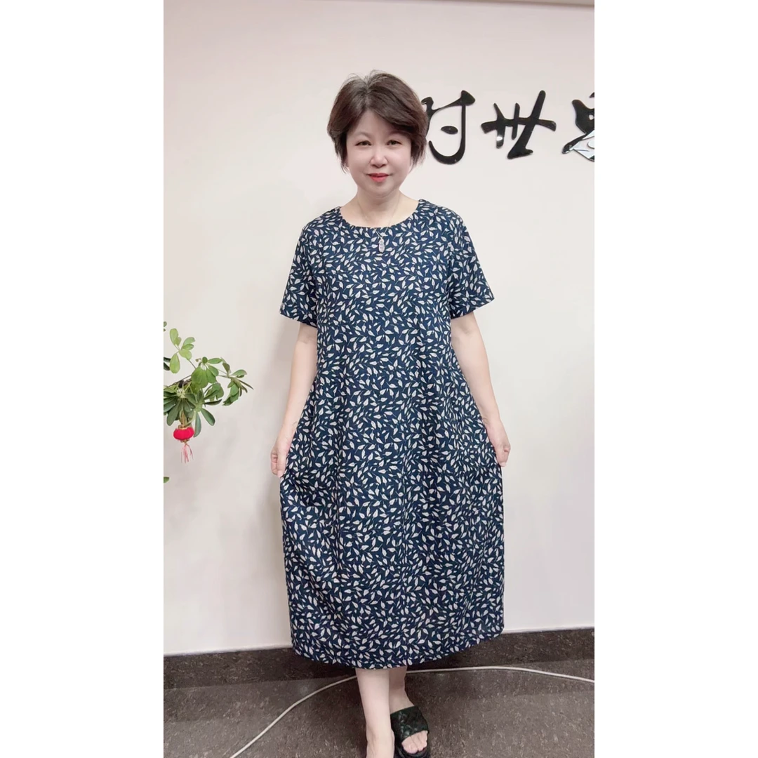 [时世思]夏季棉麻印花宽松文艺短袖连衣裙直筒显瘦中长款连衣裙