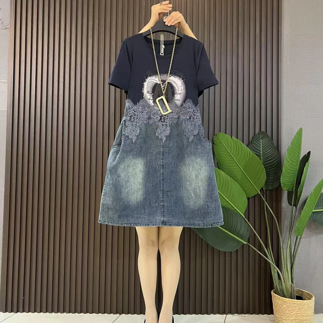 夏季新款拼接牛仔短袖连衣裙大码女装连衣裙遮肉显瘦胖妹妹遮肚子