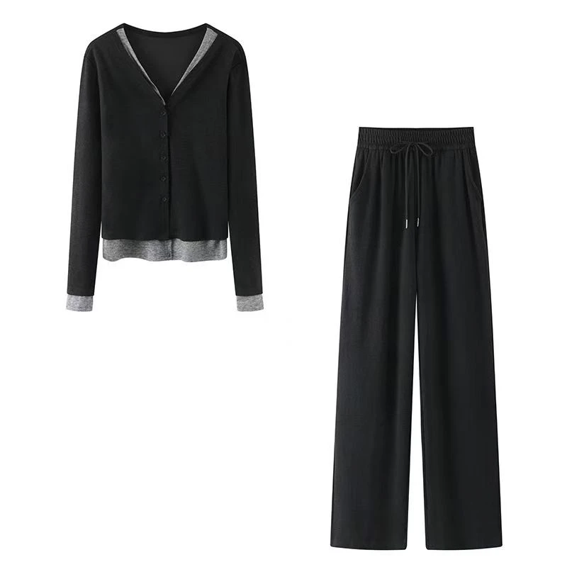 黑色休闲风时尚套装长袖显瘦春秋装运动开衫