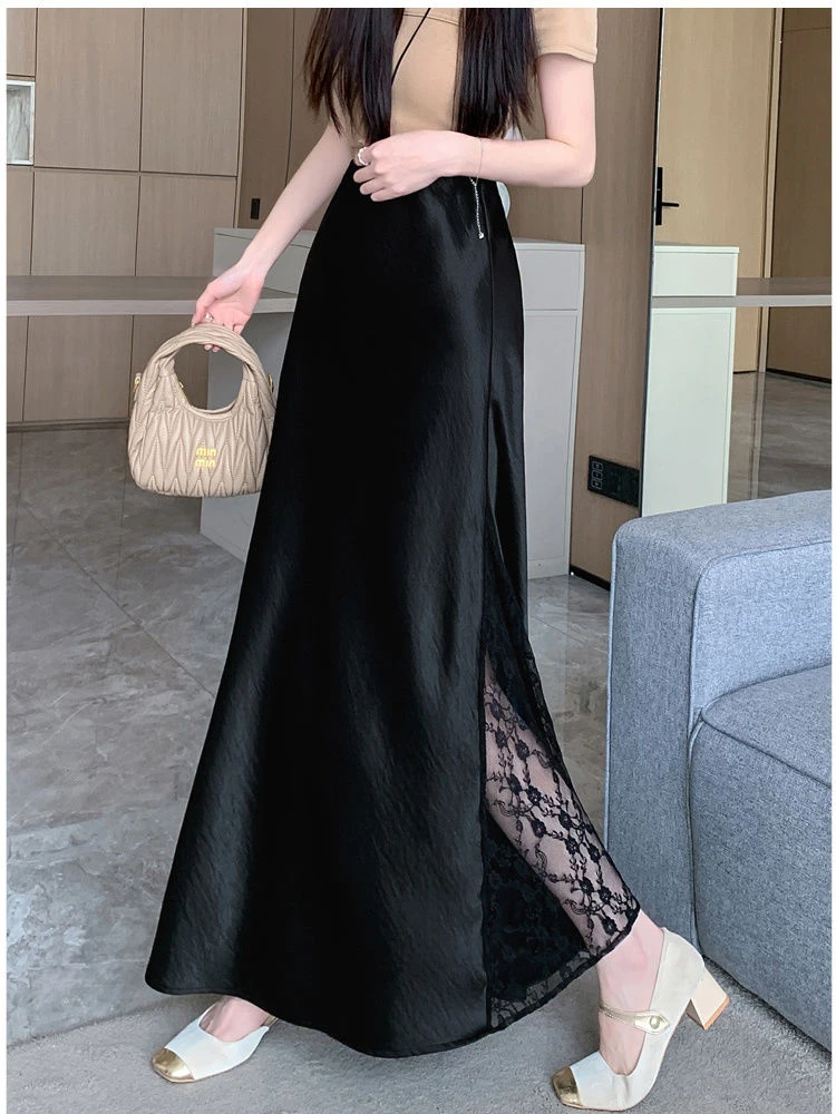 2025新款设计蕾丝拼接半身裙春夏高腰A字鱼尾显瘦中长裙