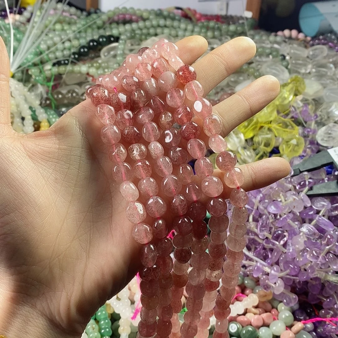 玛瑙/玉髓珠宝半成品未镶嵌一条天然红草莓晶不规则9mm左右