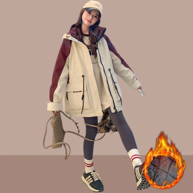 韩系撞色连帽冲锋衣棉服女冬季2025新款小个子加厚保暖派克服外套