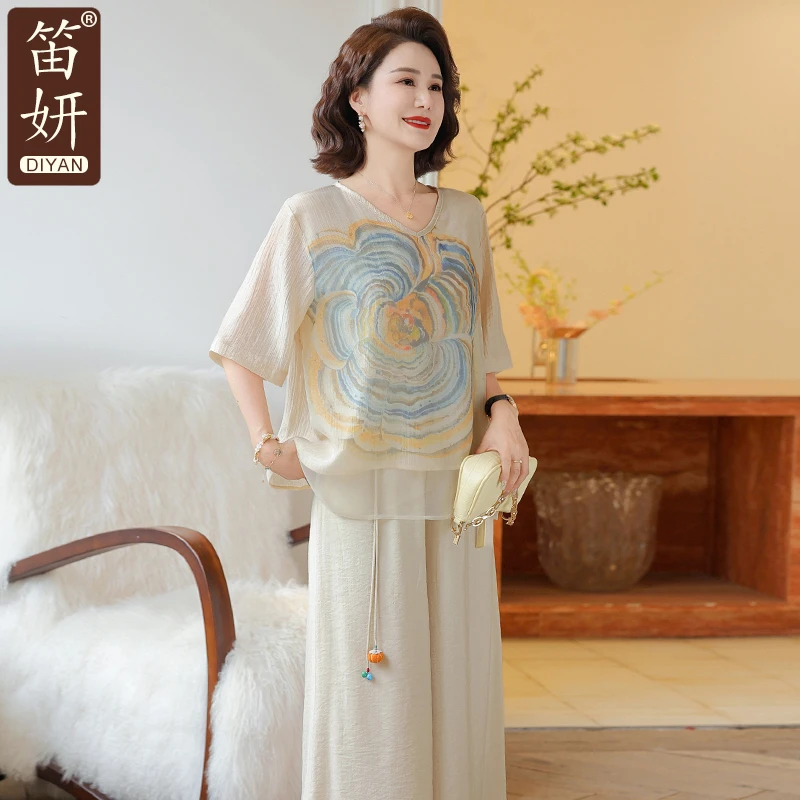 妈妈装夏装套装洋气宽松小衫2025新款中老年女装雪纺两件套40岁50