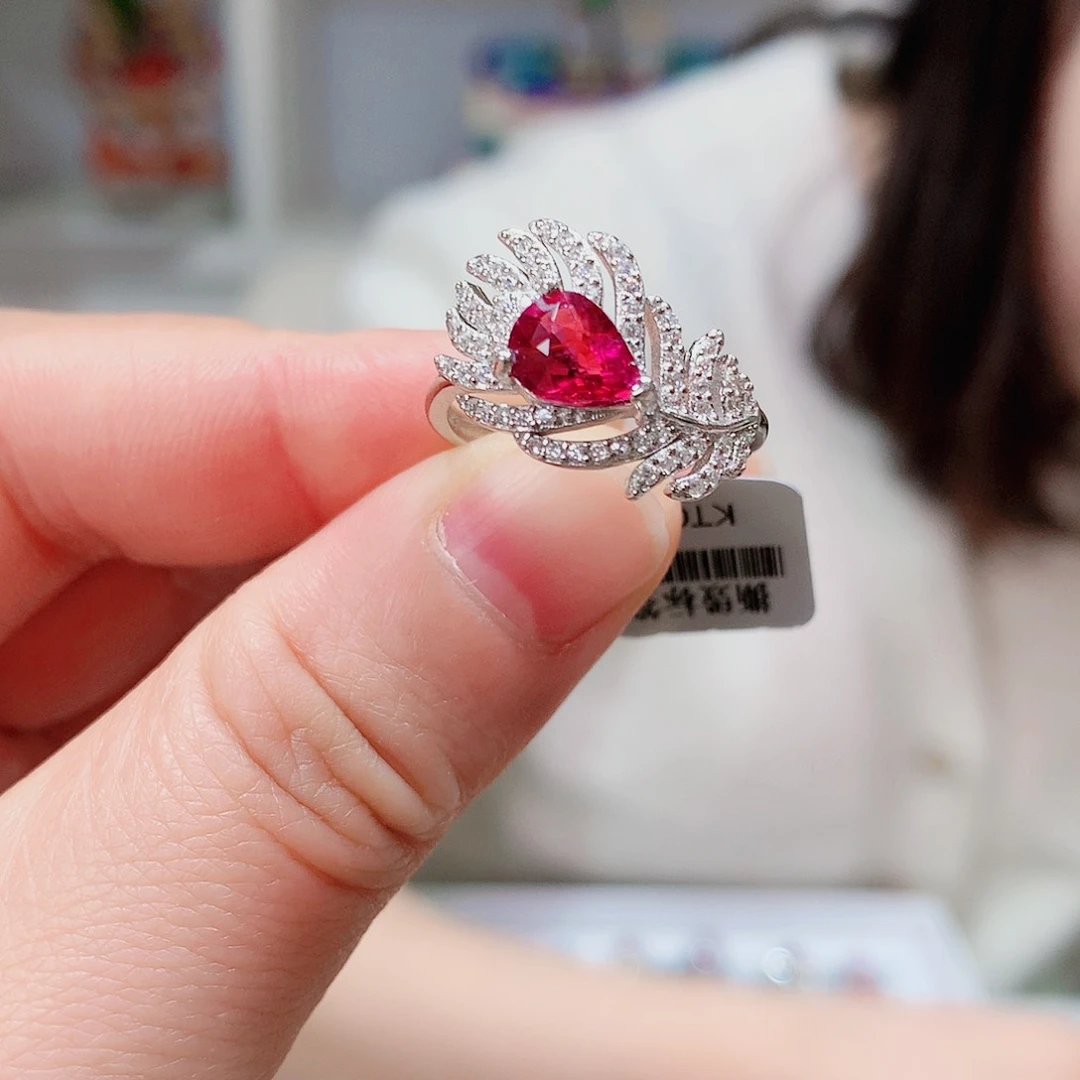 碧玺戒指银S925镶嵌红*桃戒指超美