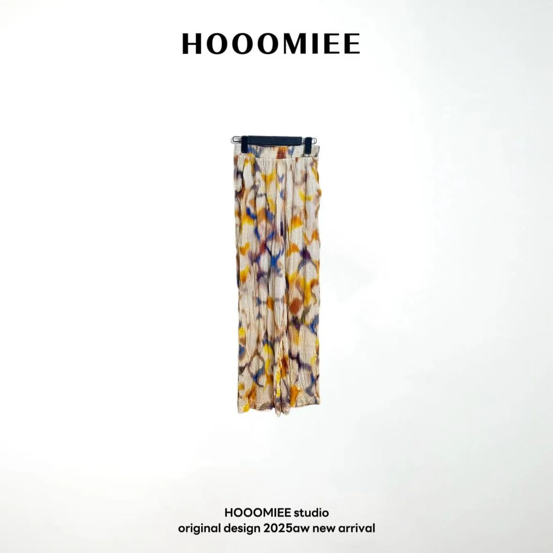 Hooomiee幻彩法式度假风印花休闲裤松紧腰慵懒搭配长裤2025-486