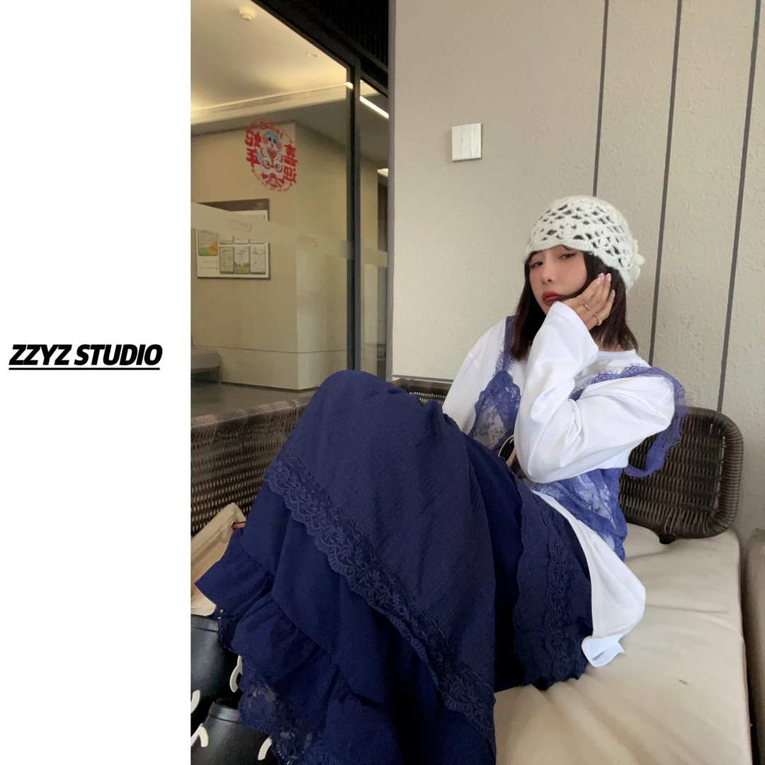 【ZZYZ】“海岛限定”ins蕾丝背心长袖T恤➕松紧腰分层长裙 8738/3015
