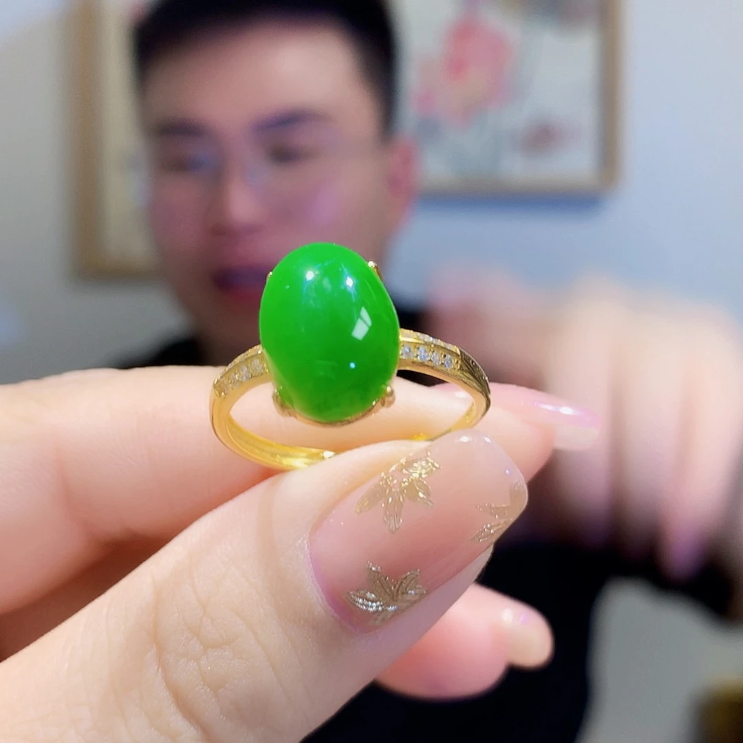 和田玉（碧玉）戒指银S925镀金镶嵌