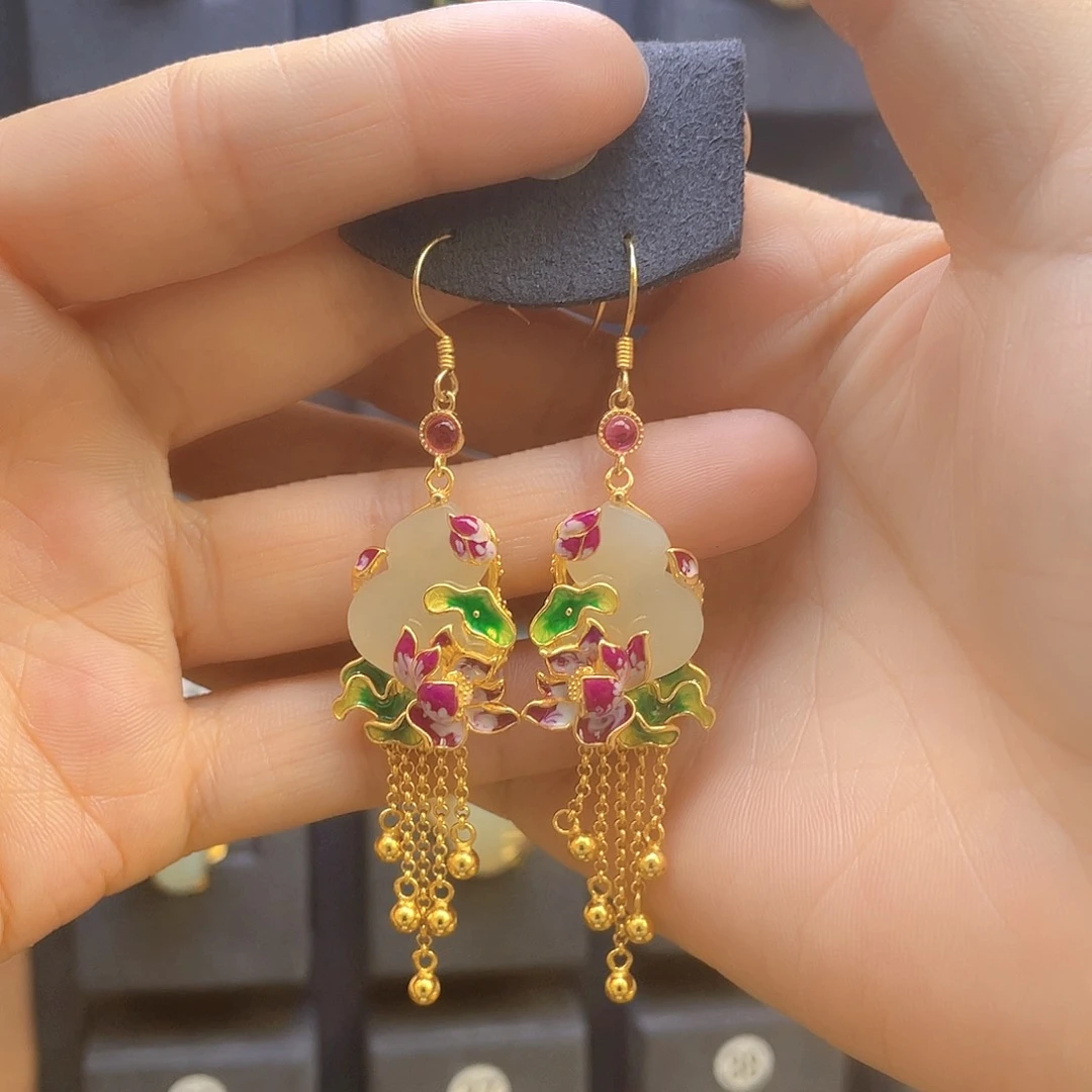 和田玉耳饰银S925镀金镶嵌