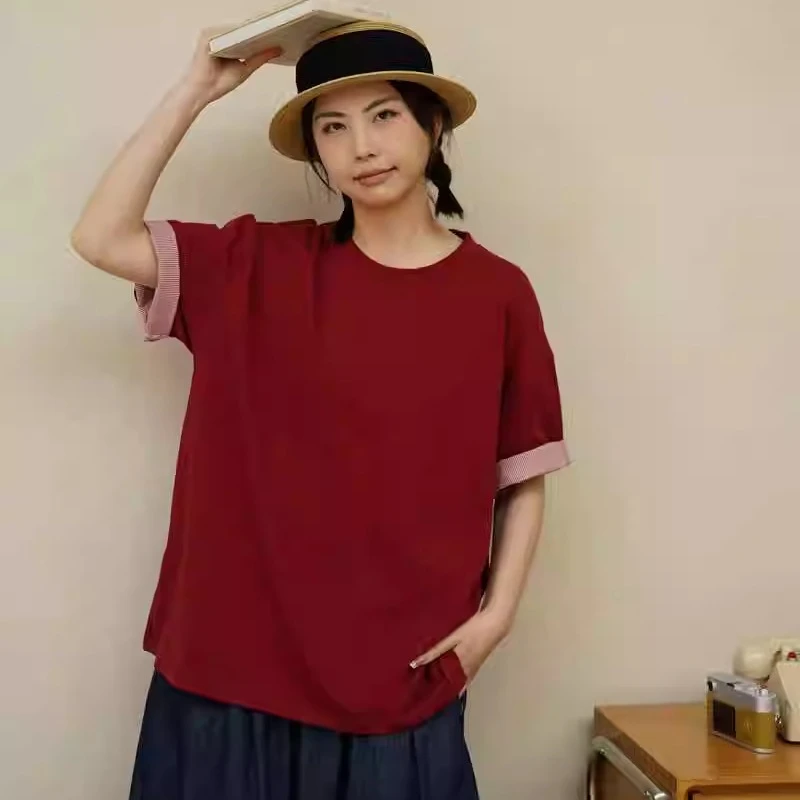 讠木33673短袖T恤女夏2025新款假两件休闲宽松简约日系纯棉圆领潮