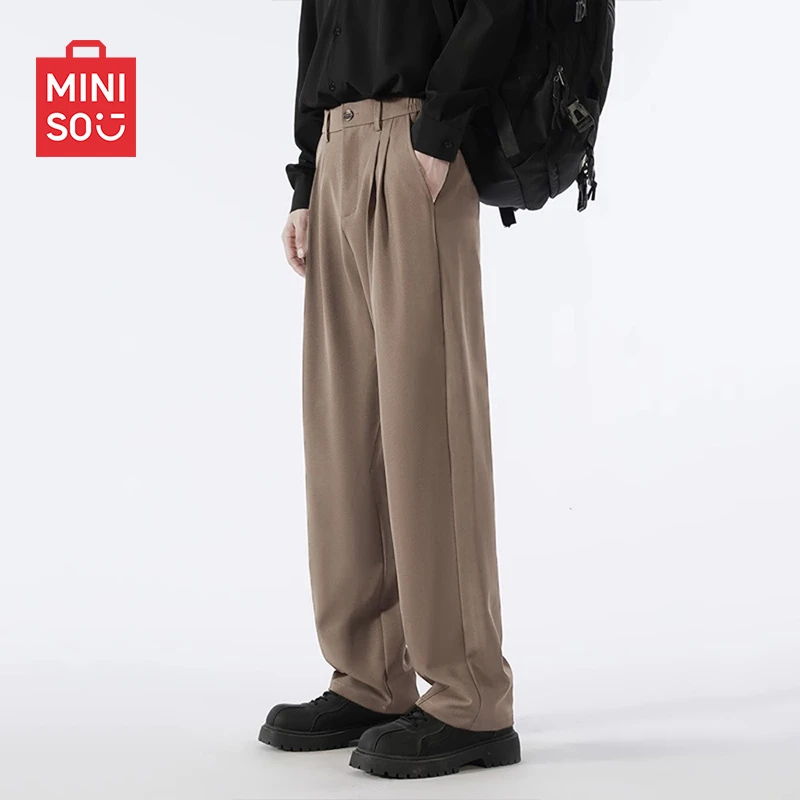 MINISO名创优品青少年复古咖色小西装裤春夏季轻商务直筒垂感长裤