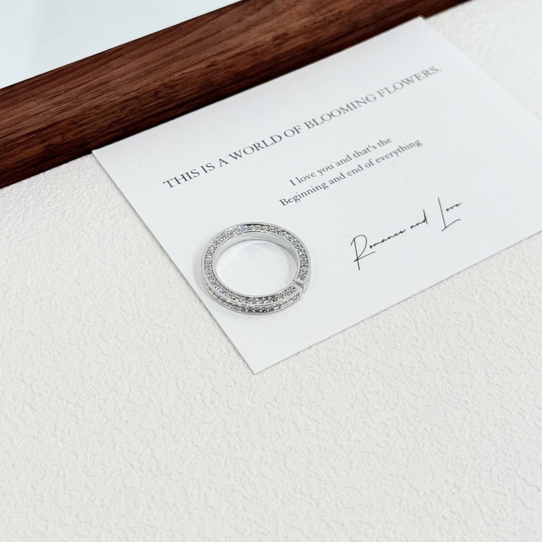 铜合金锆石戒指 D-105日韩简约高级感双面满钻银色百搭开口戒指