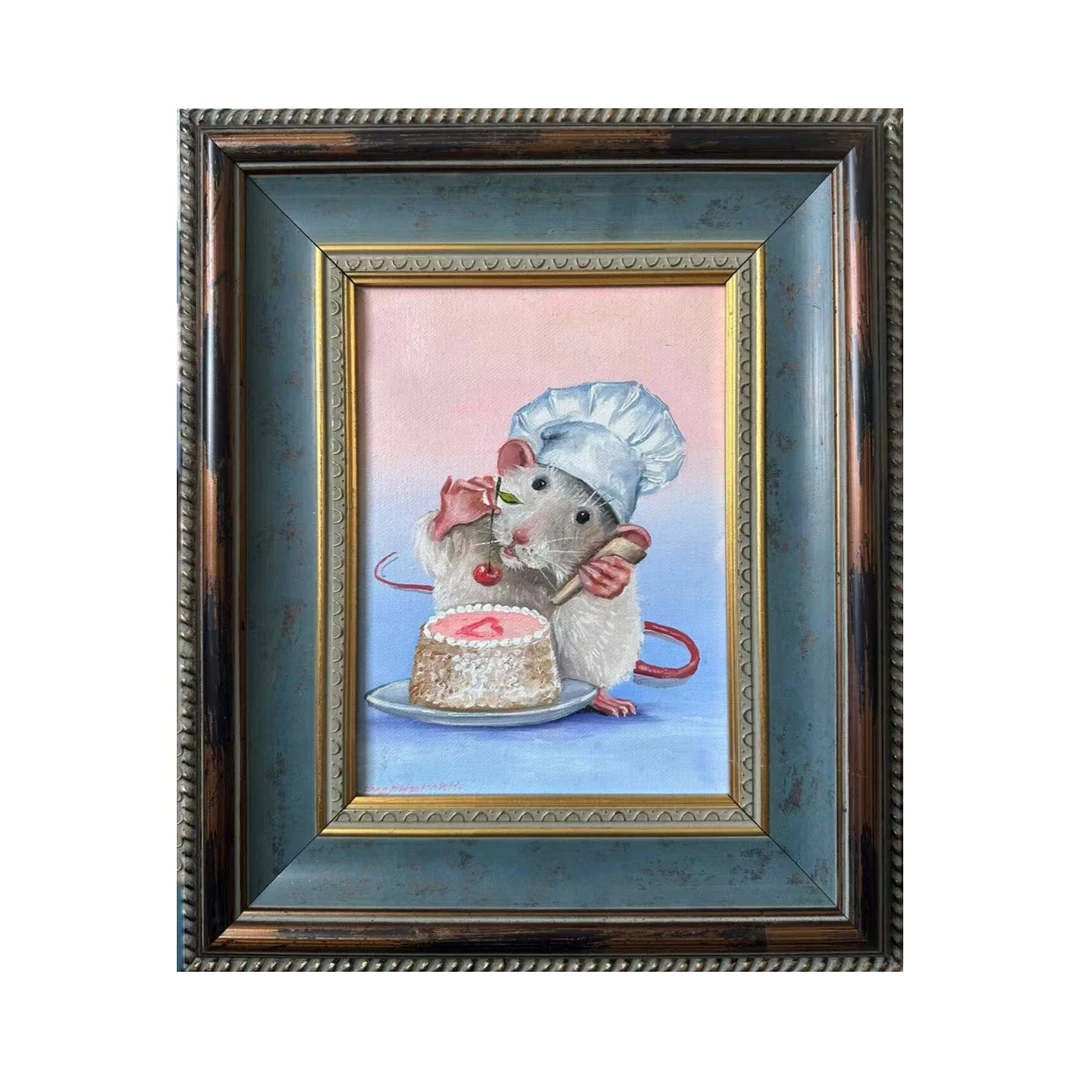俄罗斯油画 鲁特尼茨卡娅原创手绘布面作品《小老鼠糕点师》33/39cm