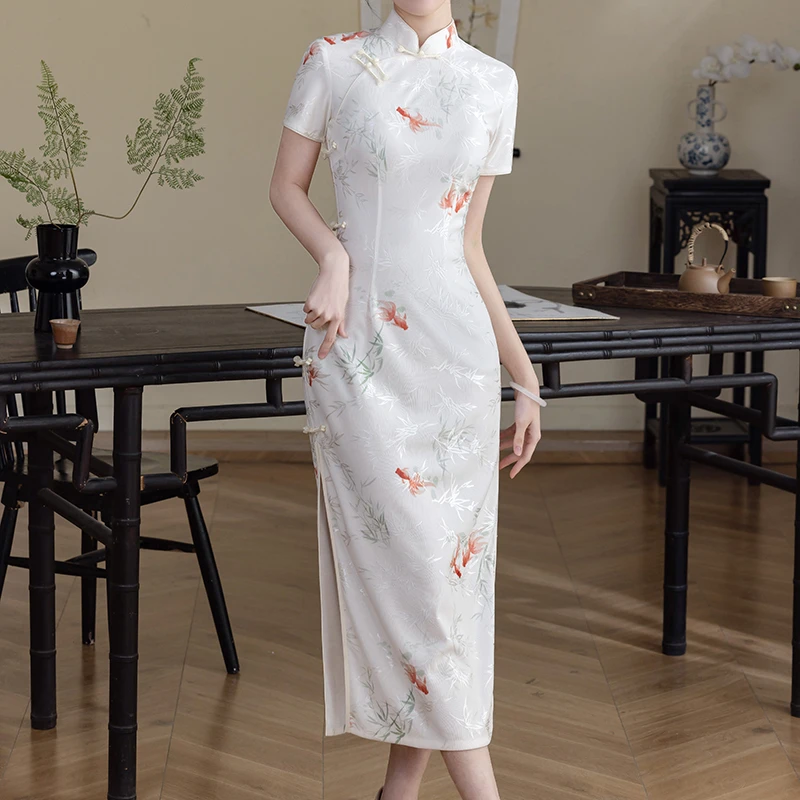 箜小帆修身旗袍白色新中式复古新款提花开叉显瘦旗袍裙时尚日常