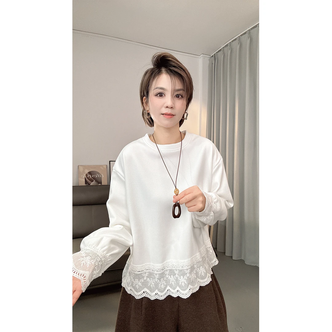 冬季新款加厚蕾丝镂空花边百搭打底衫高级感内搭外穿白色重工长袖