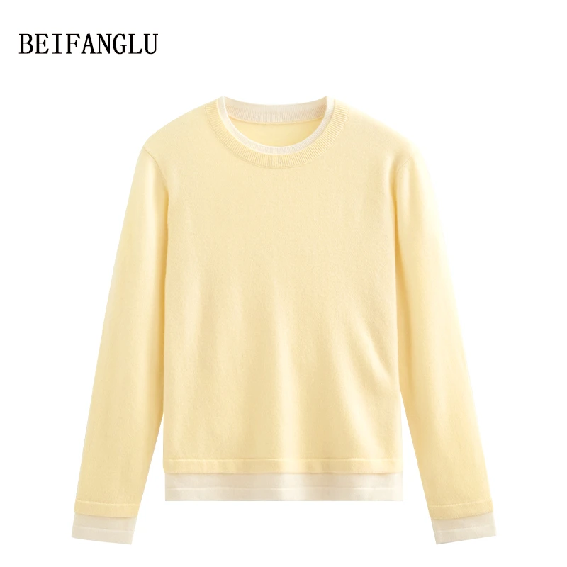 北方鹿 通勤法式穿搭！柔软绵羊毛双层假两件圆领针织羊毛衫W9237