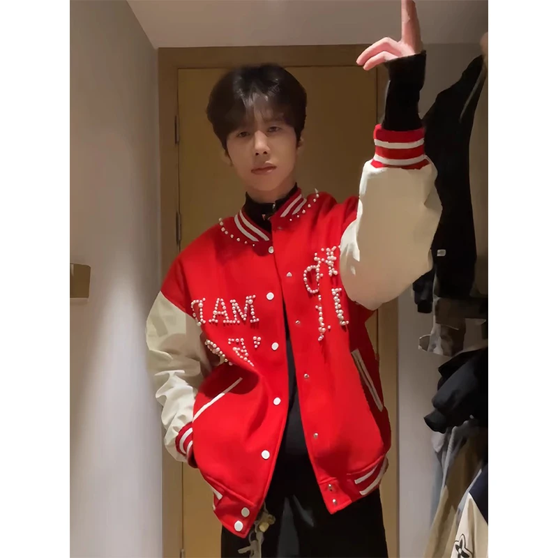 红色珍珠美式棒球服男款春秋季cleanfit外套设计感潮牌情侣装夹克