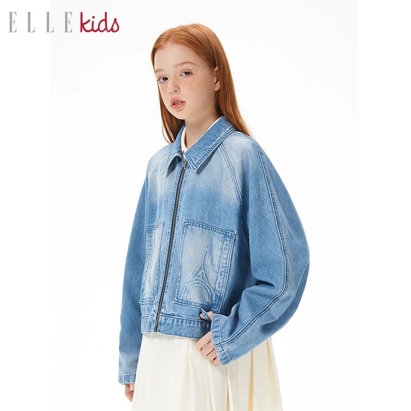 ELLE KIDS童装法式休闲插肩袖宽松牛仔外套女童翻领拉链刺绣春装