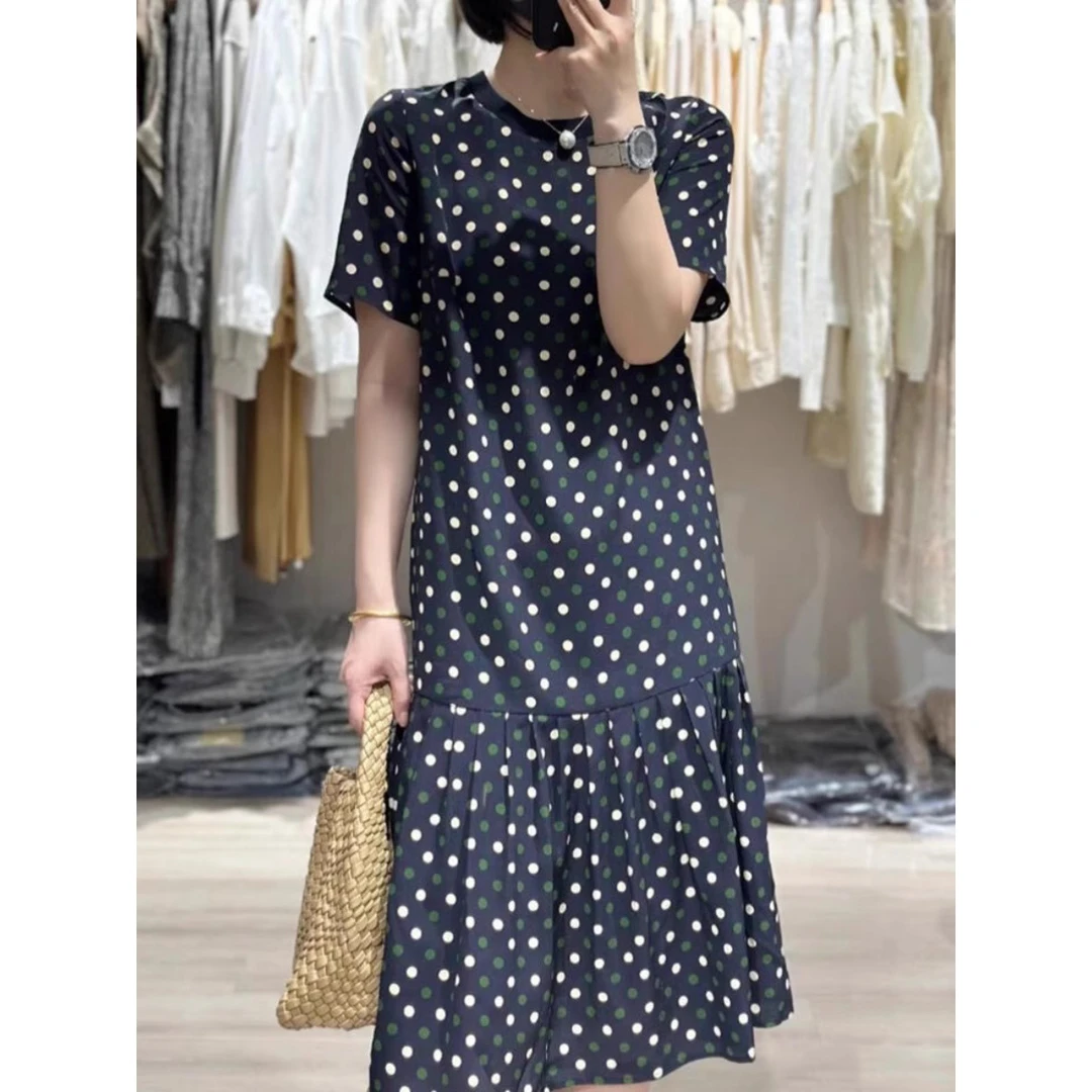 2025新款藏蓝色连衣裙女荷叶边休闲印花宽松显瘦中长裙小个子减龄