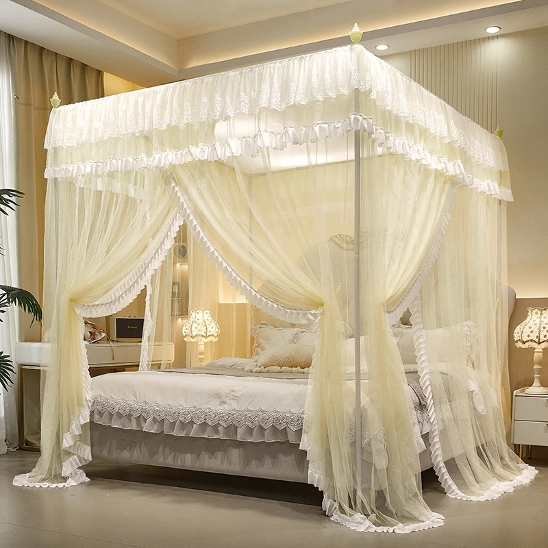 家用卧室加厚加粗防蚊公主风三开门防尘落地宫廷蚊帐宿舍免安拼海