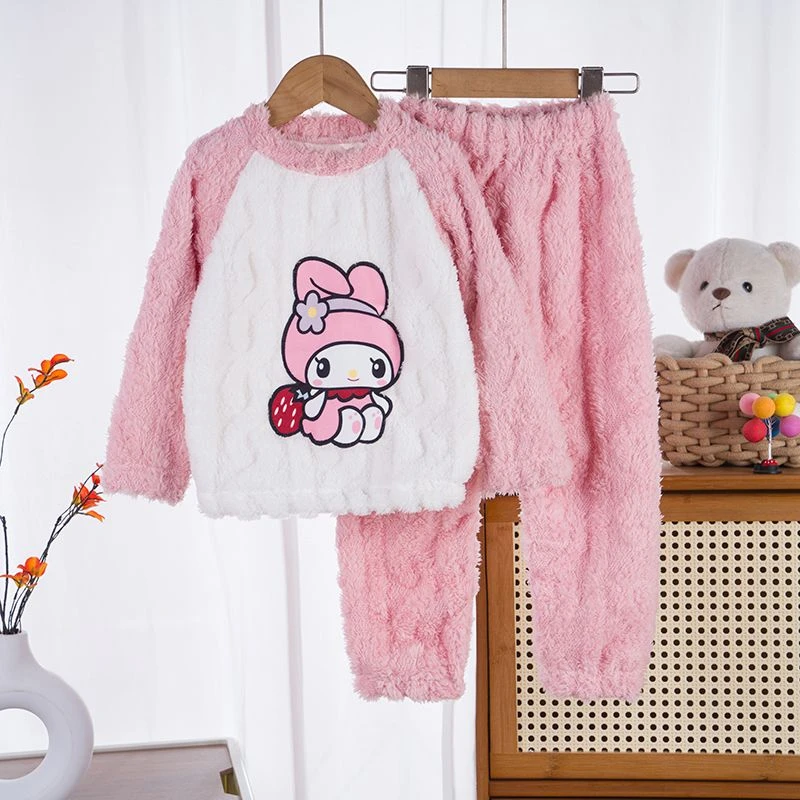 儿童时尚珊瑚绒睡衣冬天女童法兰绒加厚宝宝卡通库洛米套装家居服