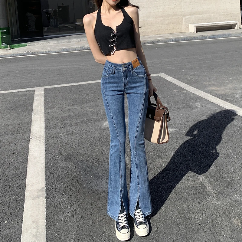 2025秋装。纯欲辣妹系超弹深蓝喇叭牛仔裤九分长裤