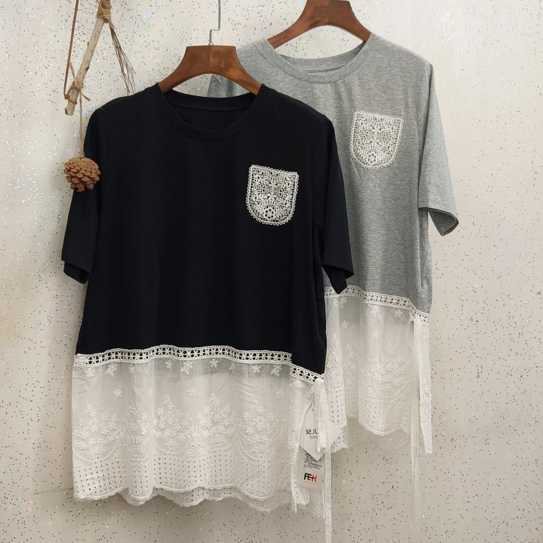 7282夏季大码女装蕾丝拼接短袖上衣