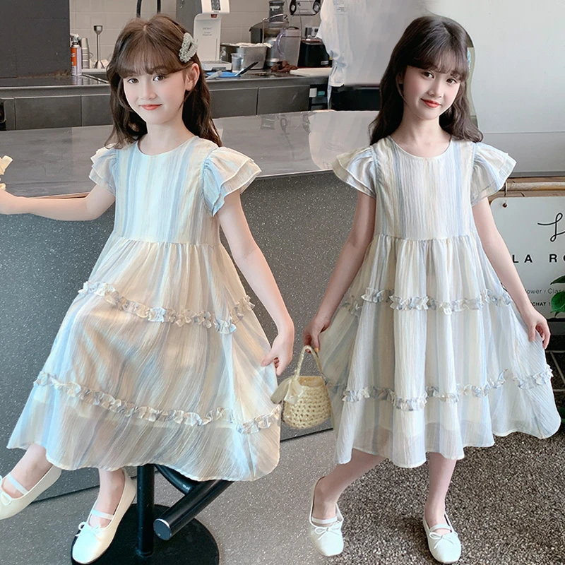 儿童条纹裙夏季2025新款韩版洋气小飞袖公主裙女童中大童木耳边裙