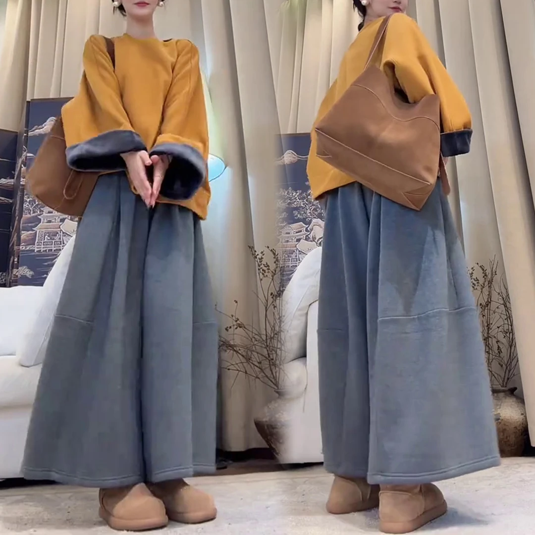 新款宽松时尚通勤风加绒两件套女秋冬季显瘦长袖卫衣松紧腰阔腿裤