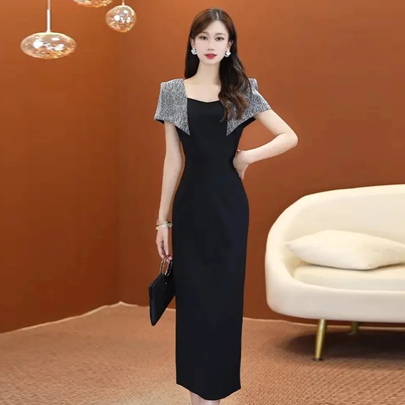 方领时尚黑色连衣裙女夏季轻奢名媛拼接法式显瘦气质连衣裙D1105