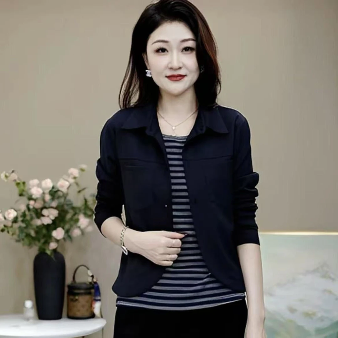 2025秋季新款时尚洋气百搭简约纯色翻领条纹套头假两件上衣