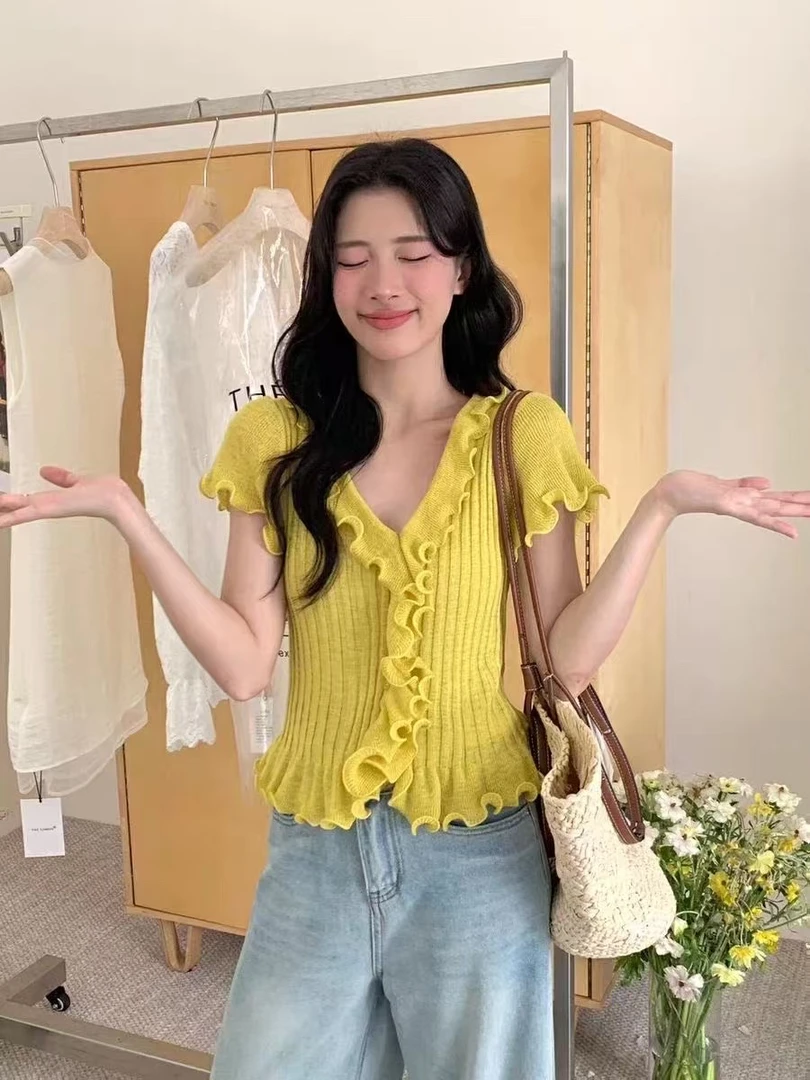 冰丝木耳边带袖上衣夏季显瘦