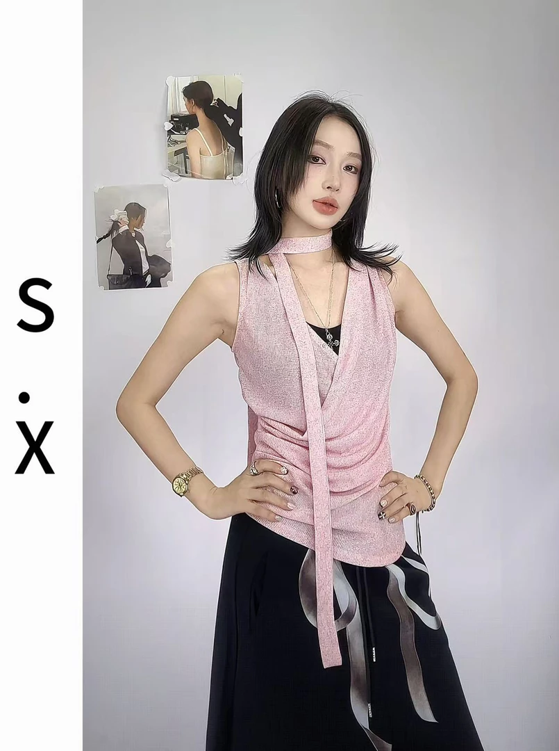 S.X 2025夏新款美背法式高级感无袖挂脖上衣吊带背心